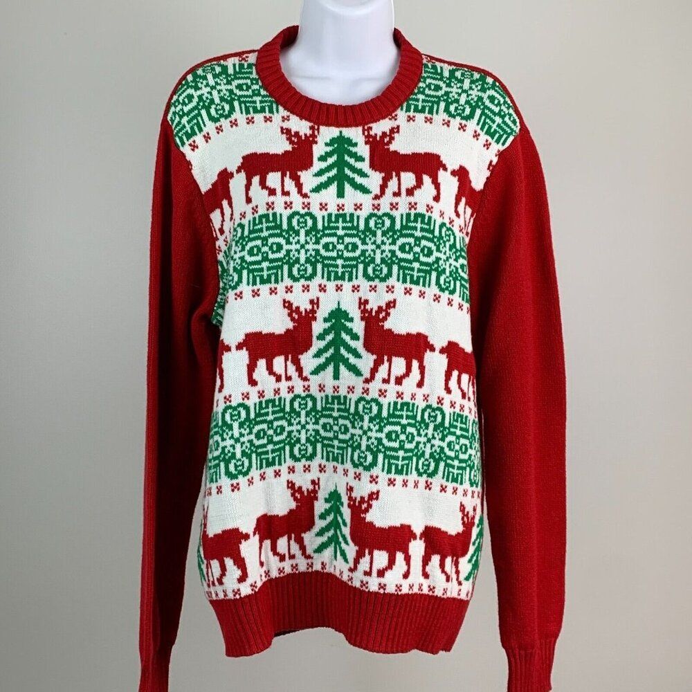 Imagin8 Sweater sz L Xmas Ugly Party Reindeer Pattern Red Green Christmas